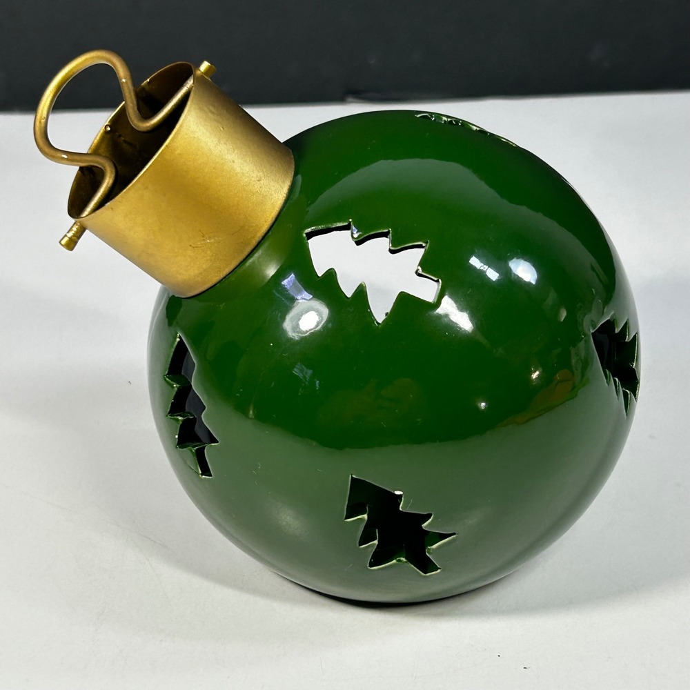 Green Ceramic Christmas Ornament Tea Light Candle Holder Tree Cutouts Gold‎ Top